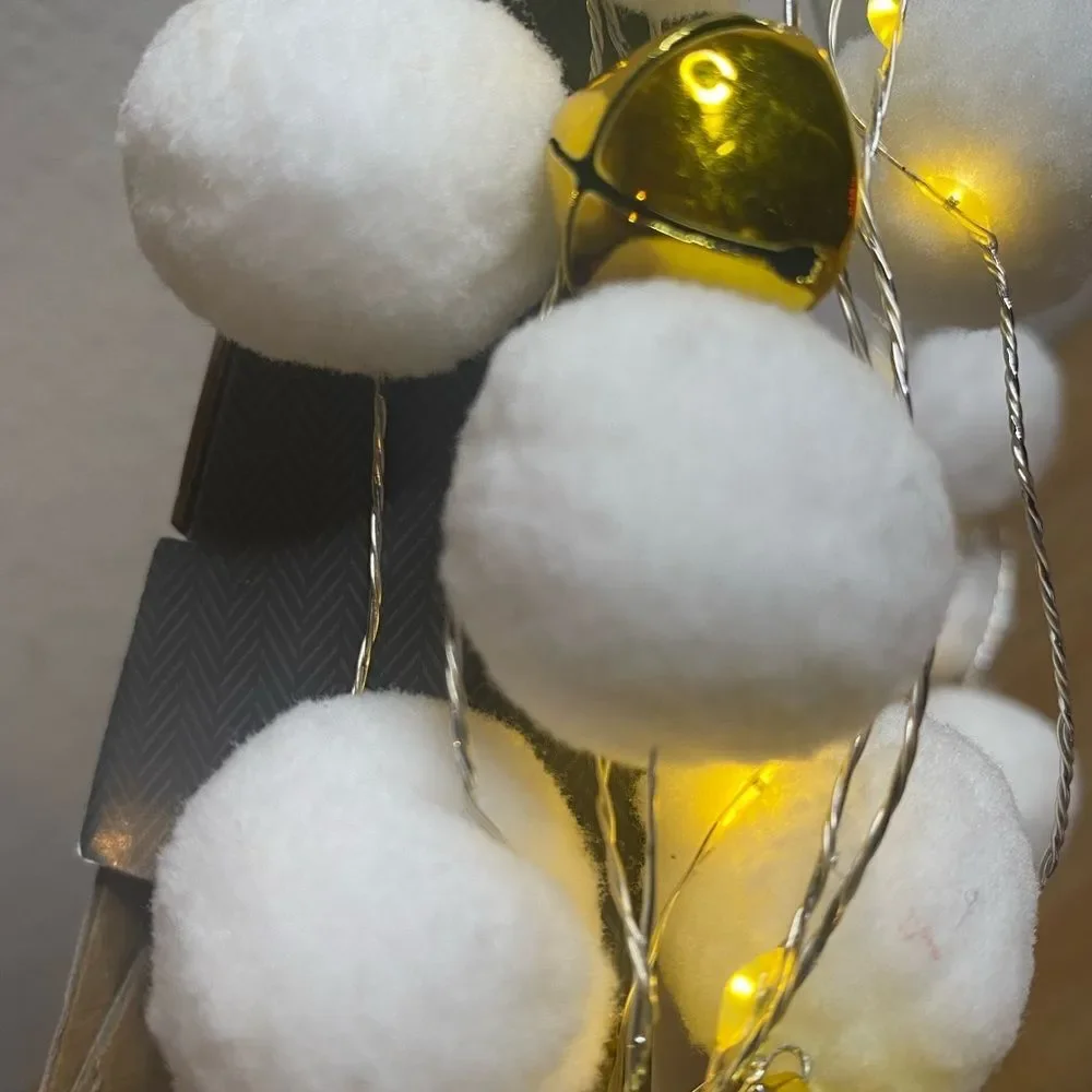 New Led Lights Garland White Cotton Gold Jingle Bells 9.2 ft Farmhouse